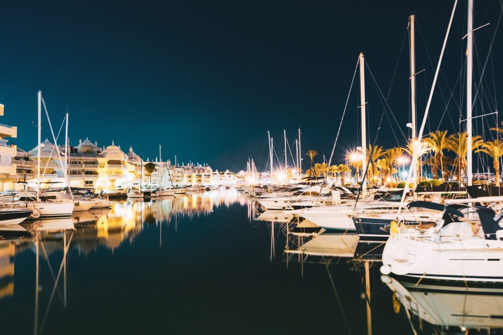 Benalmadena, Spain. Night Scenery View Of Marina, Vessel In Puerto Marina. Malaga Region, On The
